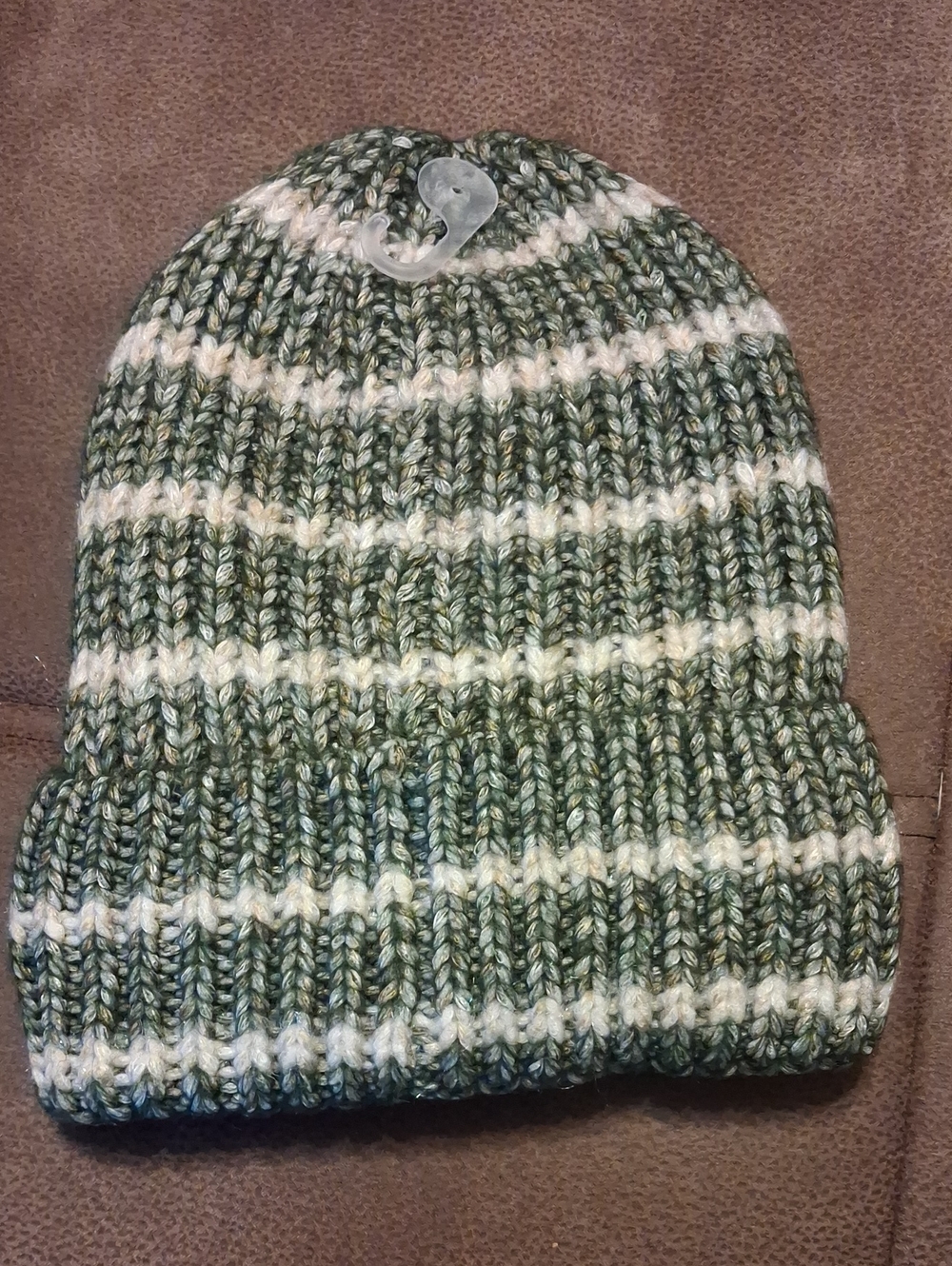 Time And Tru Women's  Striped Knit Beanie Hat in Green and Cream Olive Dusk